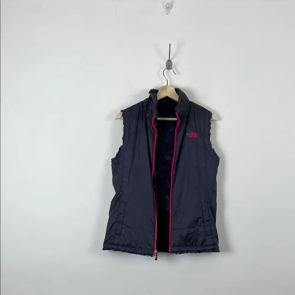 The North Face Reversible Fluffy Womens S Blue Fleece Vest with Pink Full Zipper